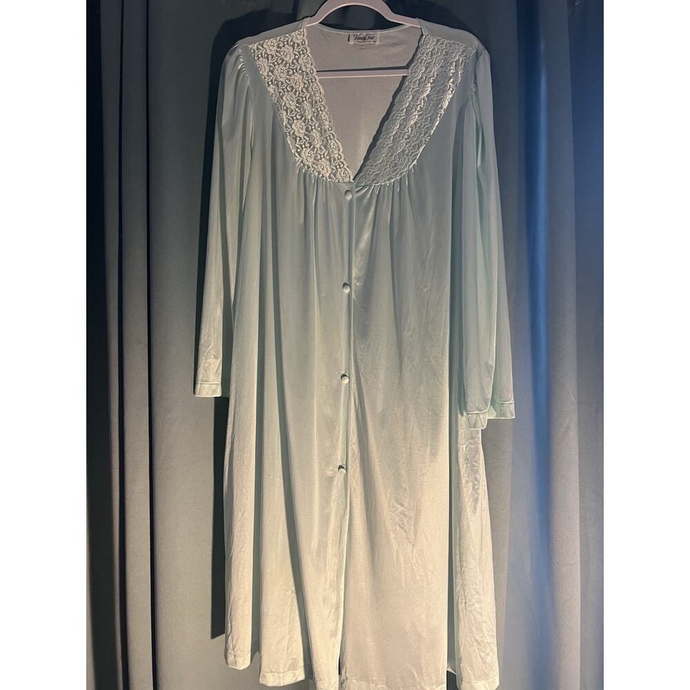 Vintage Vanity Fair Long Button Up Nylon Aqua Blue Robe Housecoat XL Grandmacore
